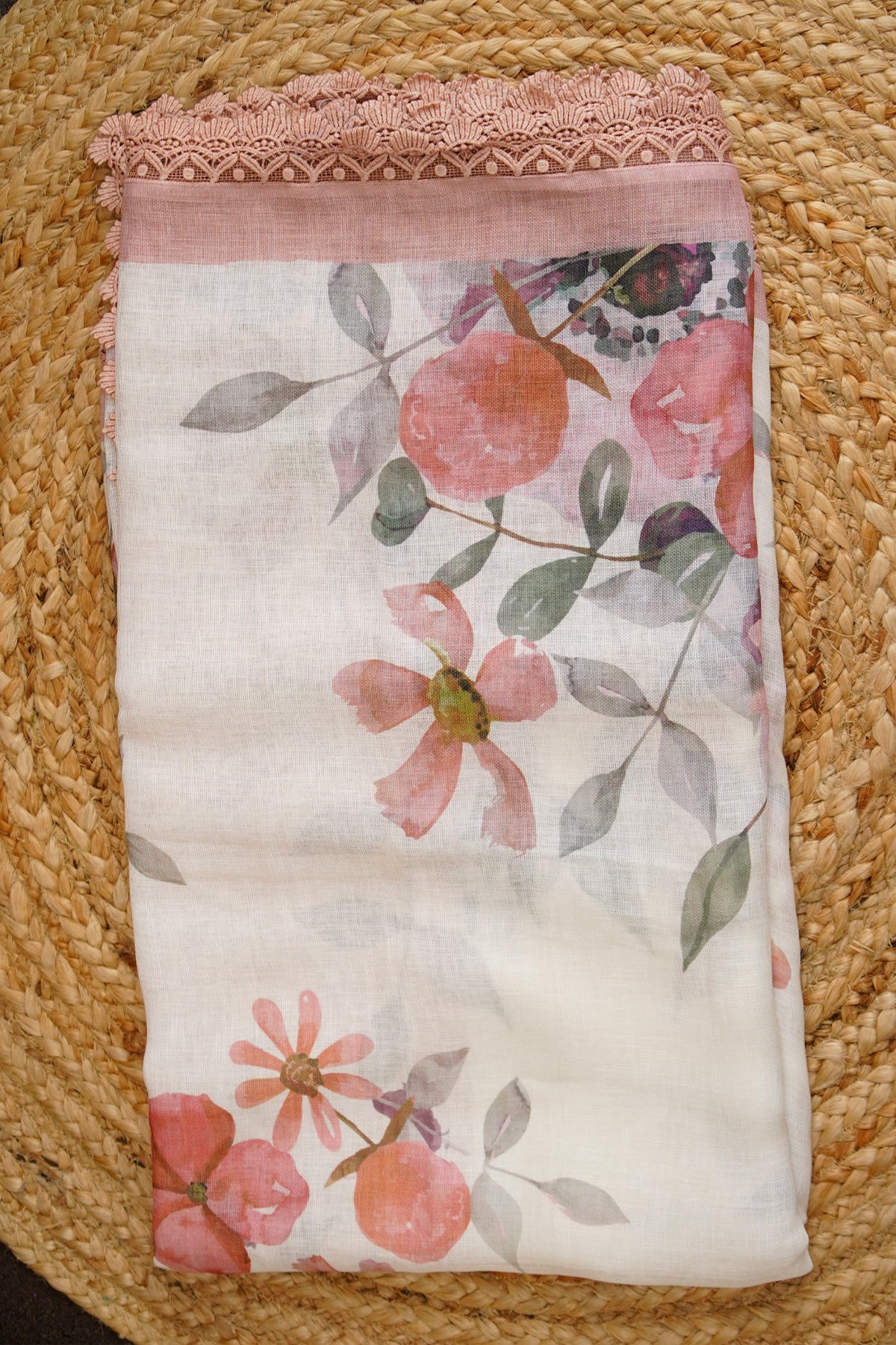 Blush Garden Digital Print Linen Saree with Imported Lace – SS039