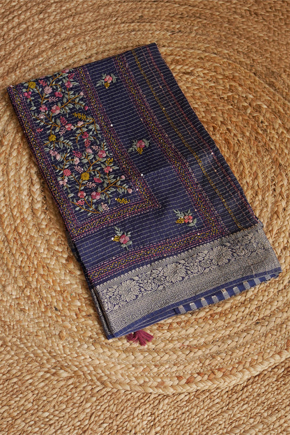 Midnight Blue Floral Crepe Saree