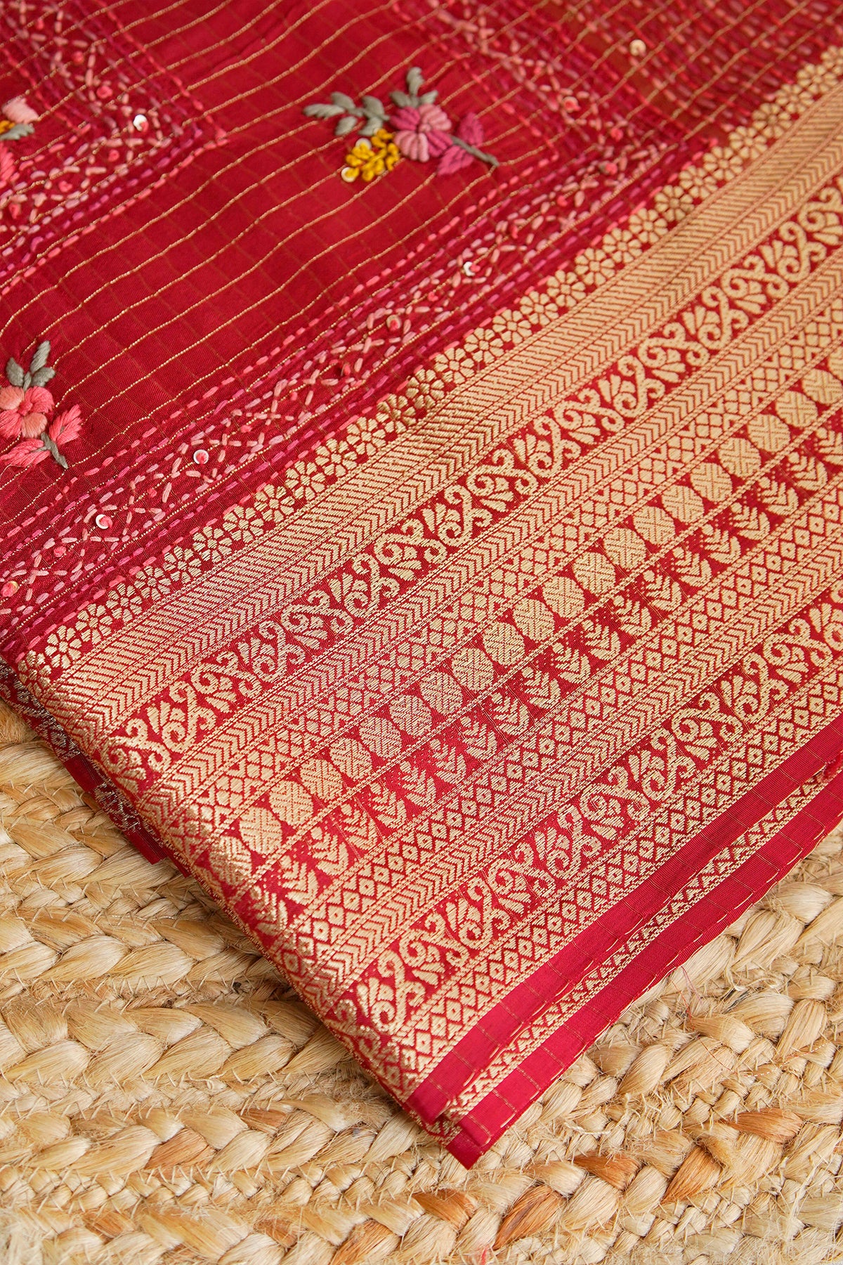 Crimson Bloom Embroidered Crepe Saree