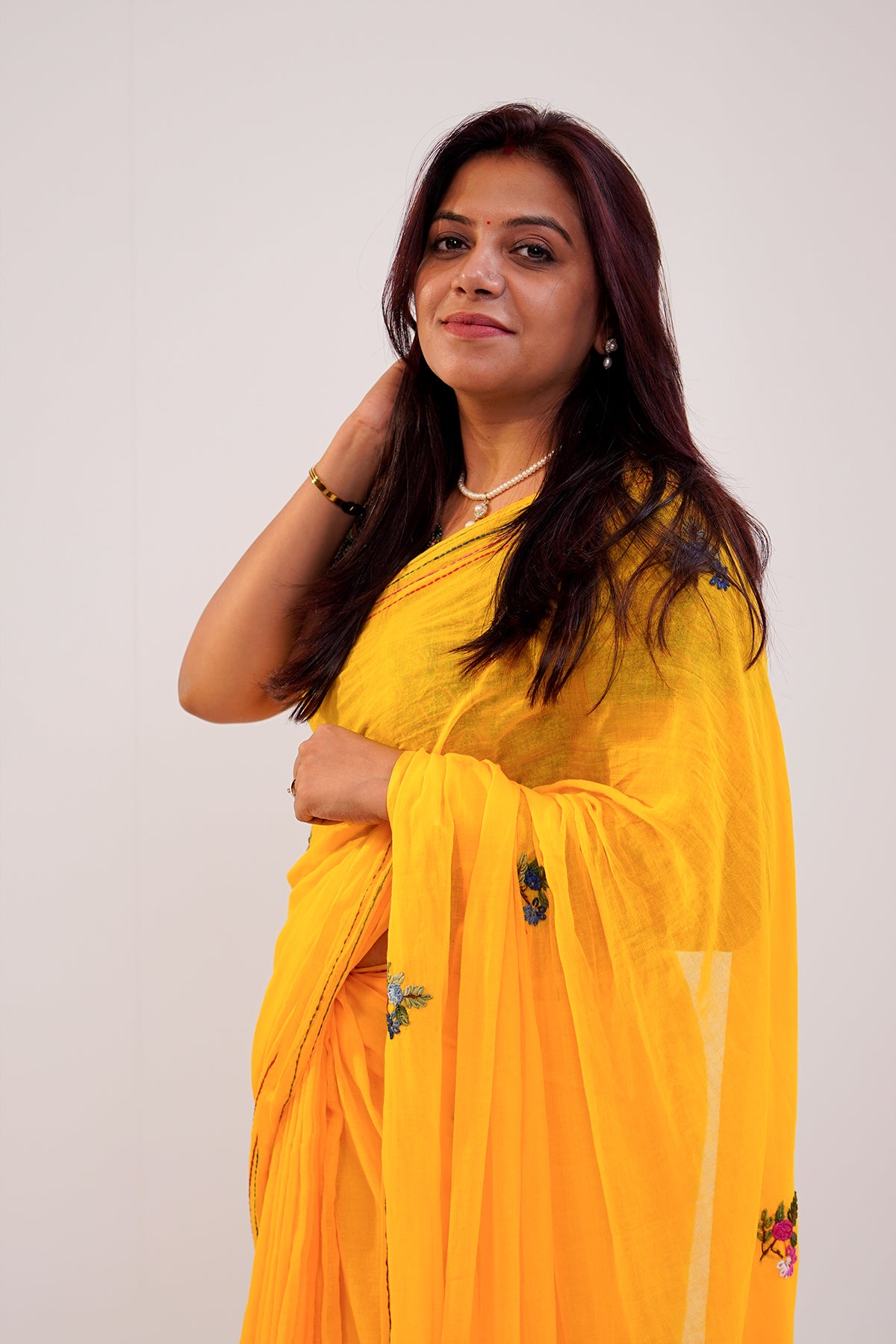 Sunshine Yellow Floral Embroidered Linen Saree - SS068