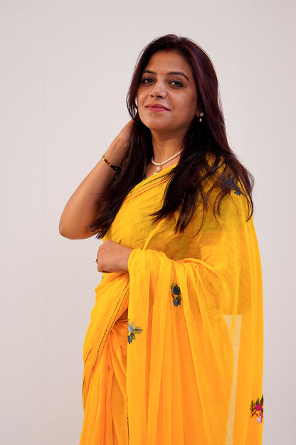 Sunshine Yellow Floral Embroidered Linen Saree - SS068