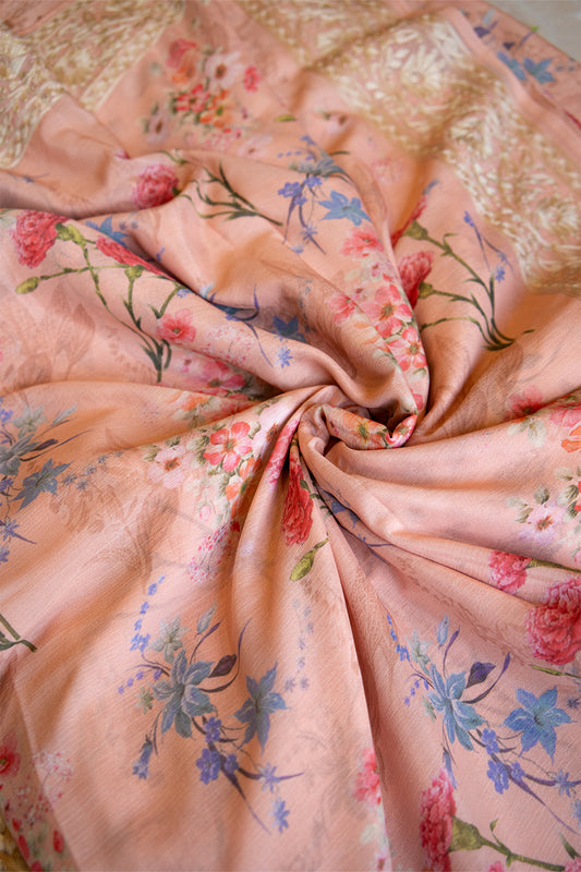 Rose Bloom Crepe Chinnon Saree