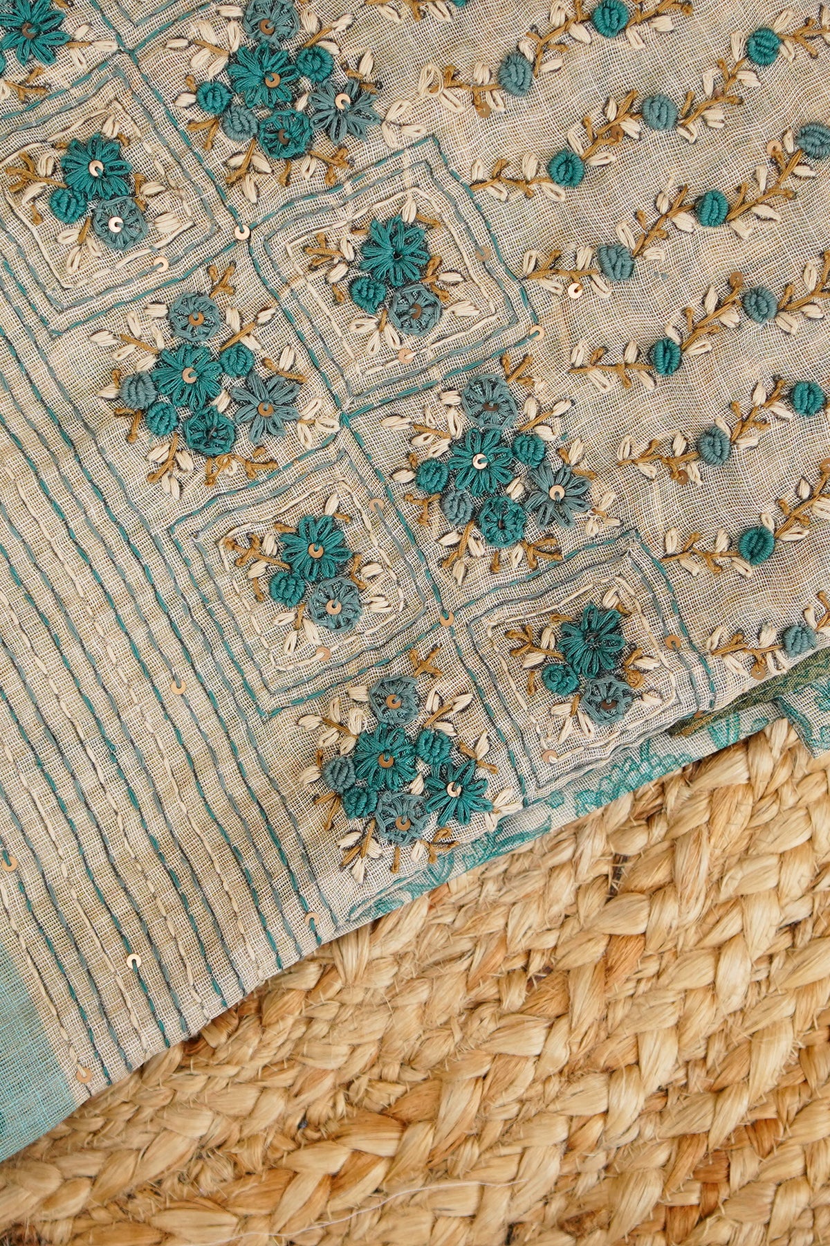 Aqua Bloom Embroidered Tissue Linen Saree – SS036