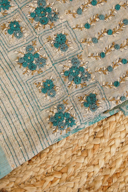 Aqua Bloom Embroidered Tissue Linen Saree – SS036