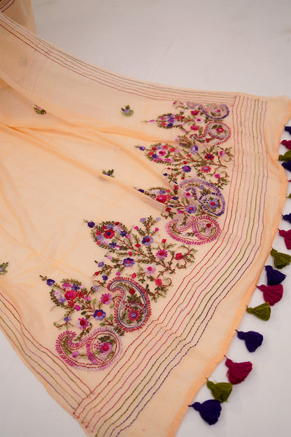 Peach & Multicolour French Knot Linen Saree - SS067