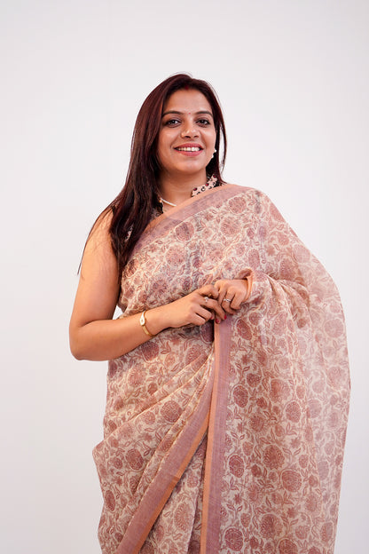 Blush Beige Floral Embroidered Tissue Linen Saree - SS069
