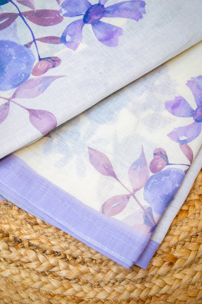 Lilac Bloom Digital Print Linen Saree