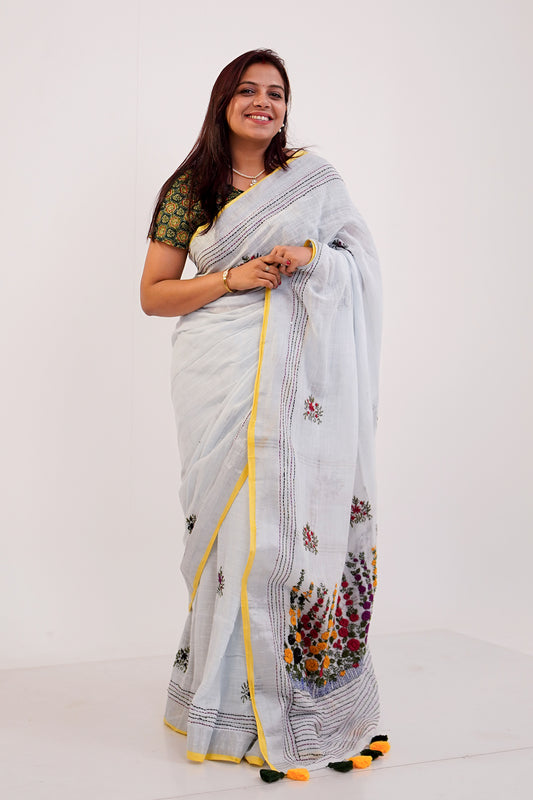 White & Multicolour French Knot Linen Saree - SS066