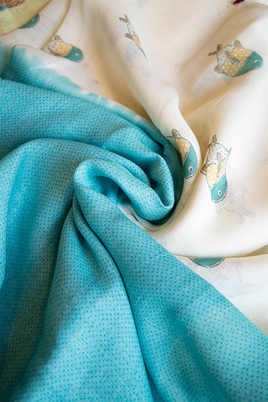 Aqua Koi Digital Print Linen Saree