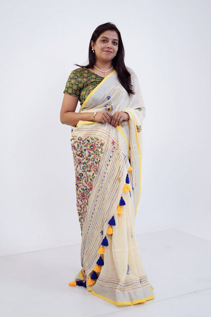 Ivory & Yellow French Knot Linen Saree - SS065