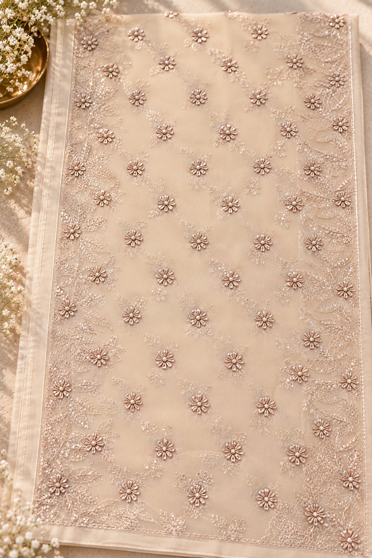 Ivory & Champagne Georgette Chikankari Saree - SS096