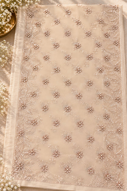 Ivory & Champagne Georgette Chikankari Saree - SS096