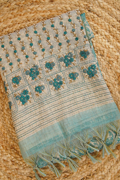 Aqua Bloom Embroidered Tissue Linen Saree – SS036