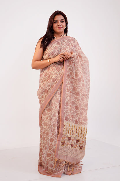 Blush Beige Floral Embroidered Tissue Linen Saree - SS069