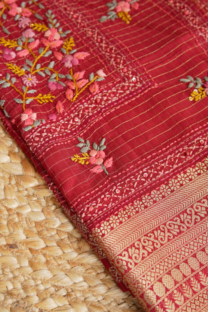 Crimson Bloom Embroidered Crepe Saree