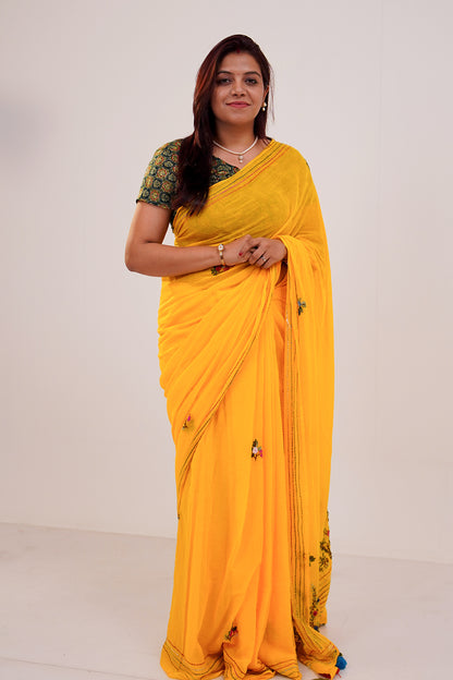 Sunshine Yellow Floral Embroidered Linen Saree - SS068