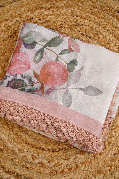 Blush Garden Digital Print Linen Saree with Imported Lace – SS039