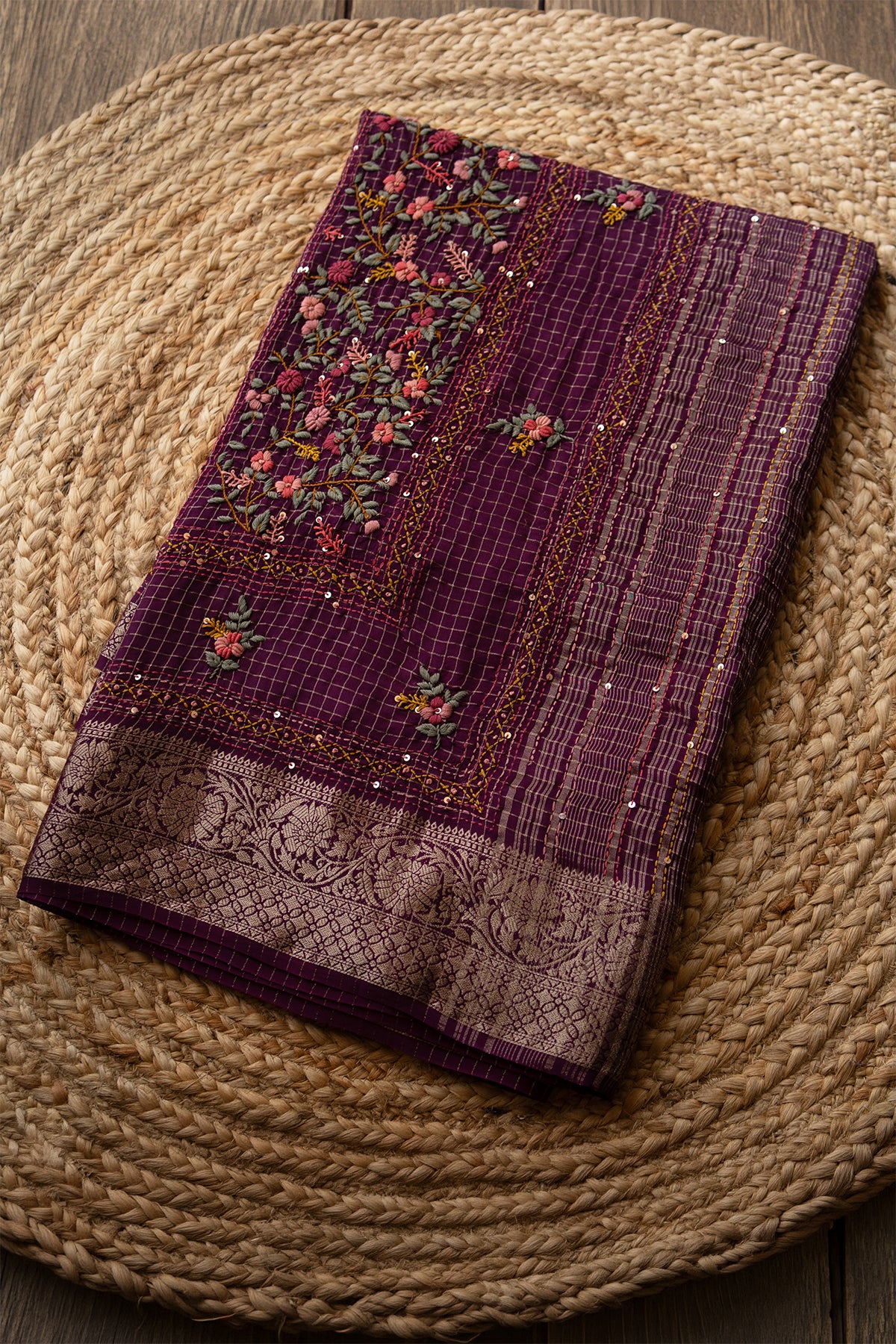 Midnight Plum Floral Crepe Saree