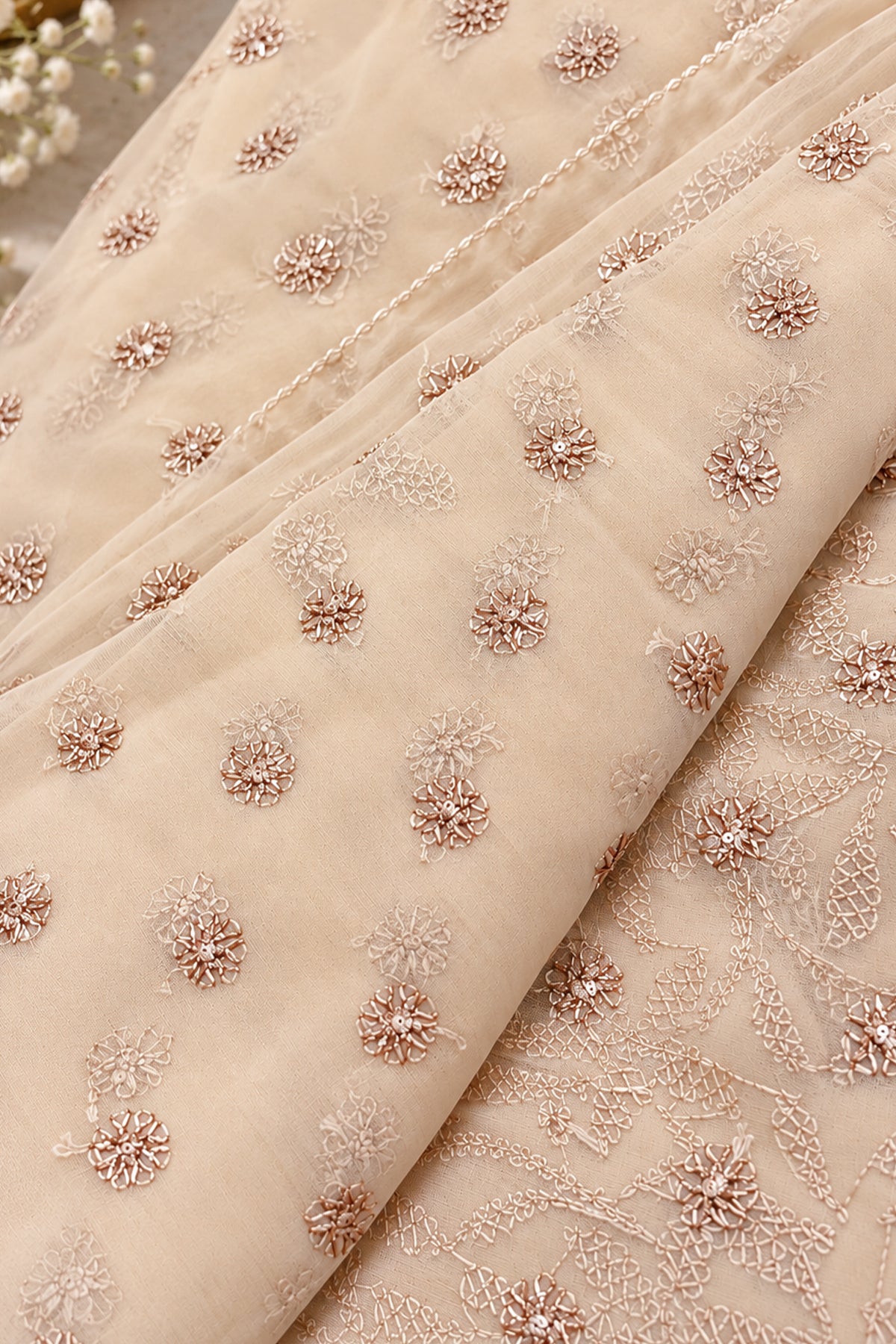 Ivory & Champagne Georgette Chikankari Saree - SS096