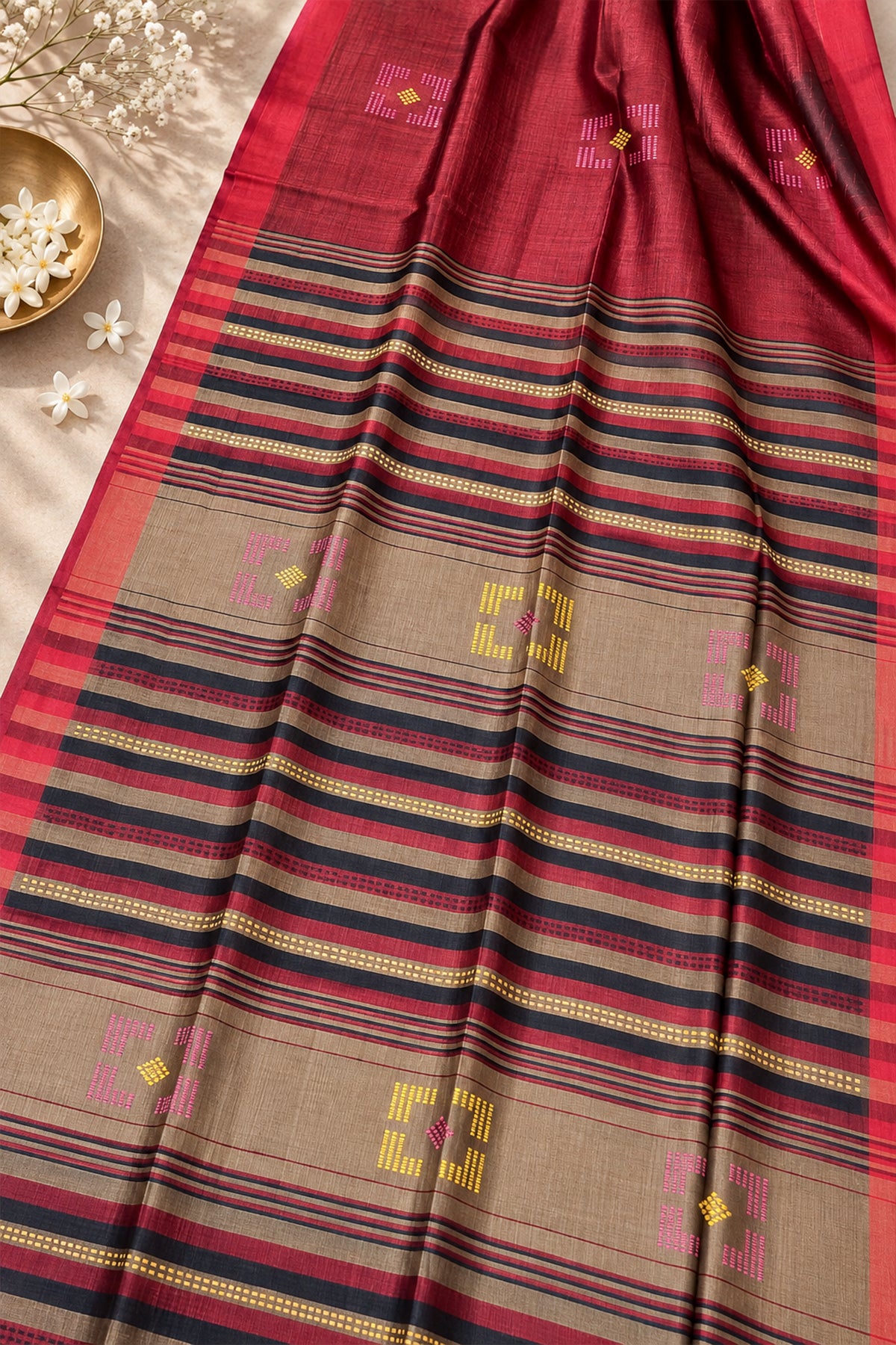 Red & Beige Banana Stem Saree - SS093