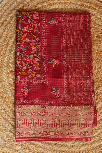 Crimson Bloom Embroidered Crepe Saree