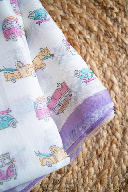 Vintage Ride Digital Print Linen Saree