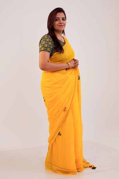 Sunshine Yellow Floral Embroidered Linen Saree - SS068