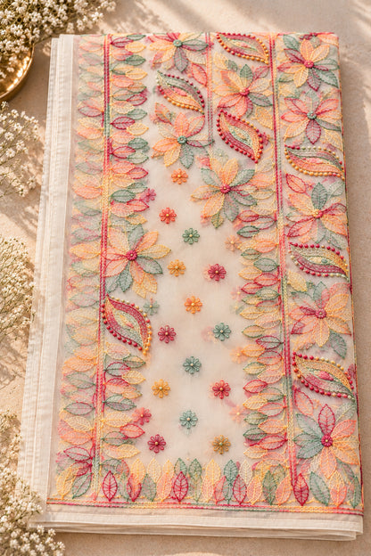 Ivory Georgette Chikankari Saree - SS097