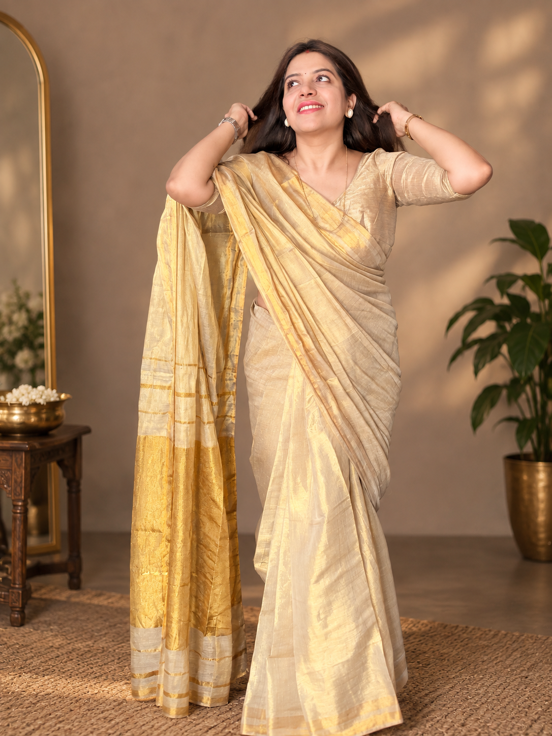 Ivory Gold Mul Tissue Saree - SS078
