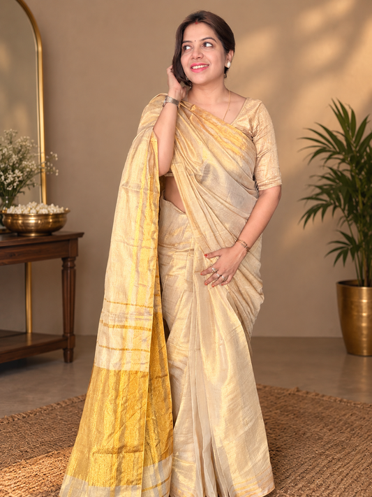 Ivory Gold Mul Tissue Saree - SS078