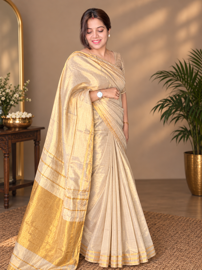 Ivory Gold Mul Tissue Saree - SS078