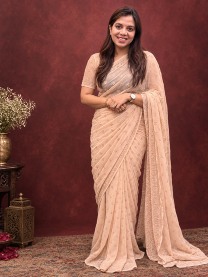 Peach Georgette Chikankari Saree - SS077