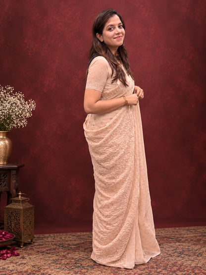 Peach Georgette Chikankari Saree - SS077
