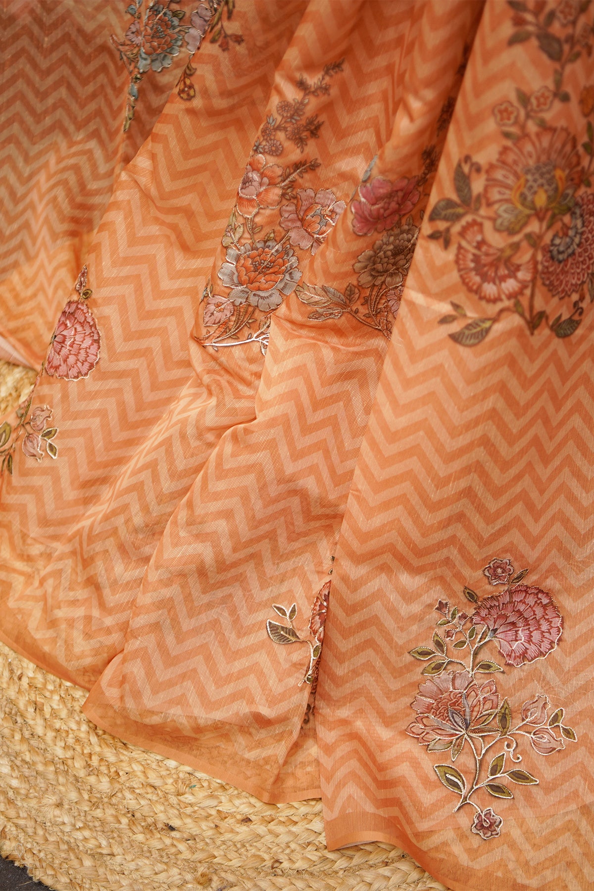 Peach Bloom Aari Work Supernet Saree – SS037
