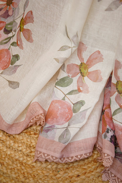 Blush Garden Digital Print Linen Saree with Imported Lace – SS039