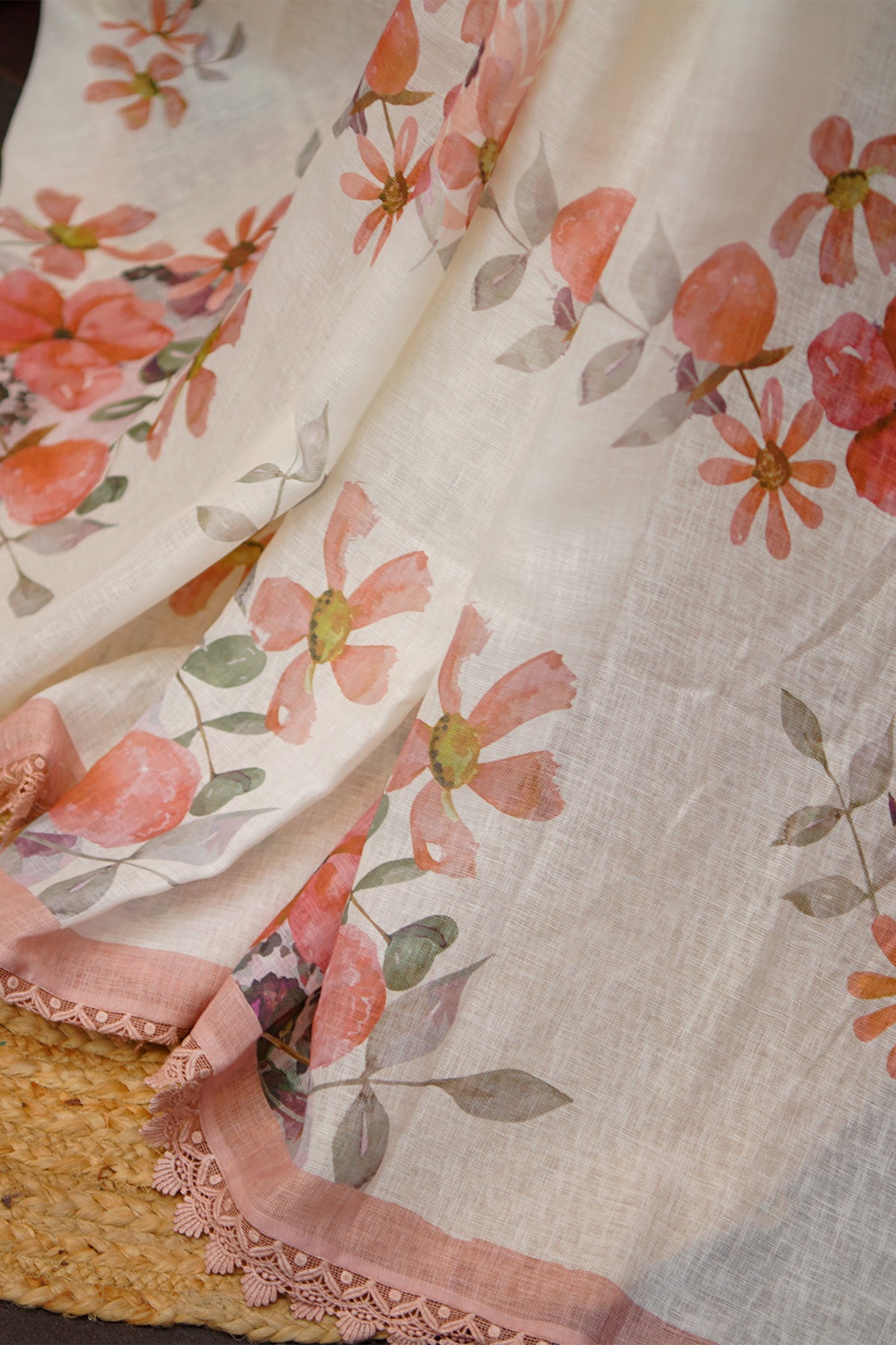 Blush Garden Digital Print Linen Saree with Imported Lace – SS039