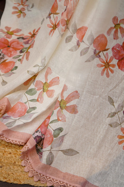 Blush Garden Digital Print Linen Saree with Imported Lace – SS039