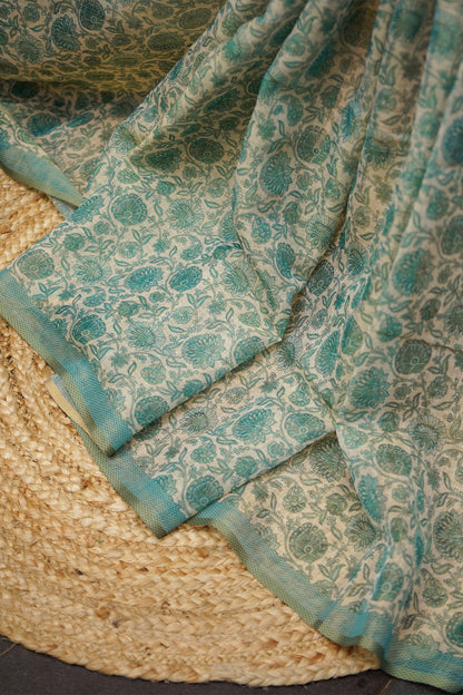 Aqua Bloom Embroidered Tissue Linen Saree – SS036