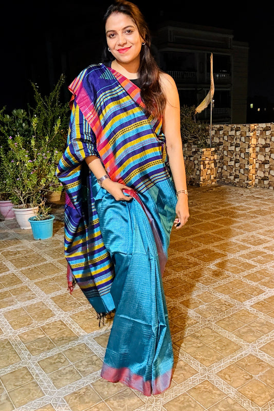 Turquoise Blue & Purple Banana Stem Saree - SS070
