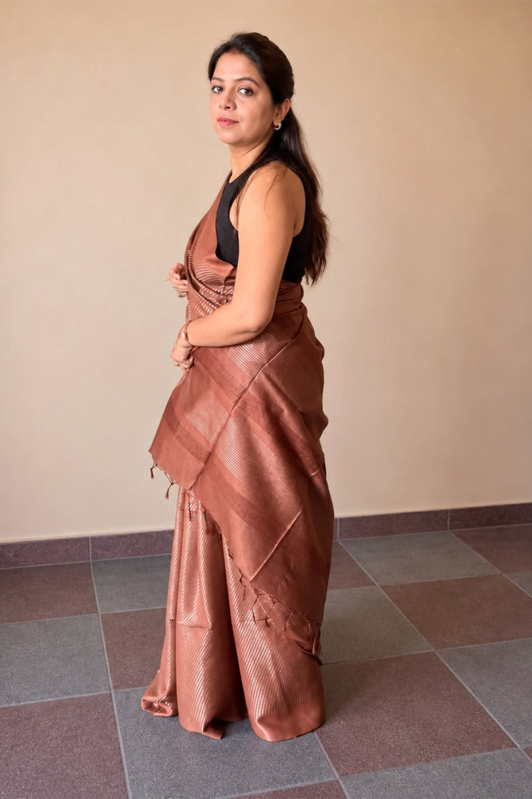 Chocolate Brown Banswada Silk Blend Saree with Elegant Woven Stripes - SS042