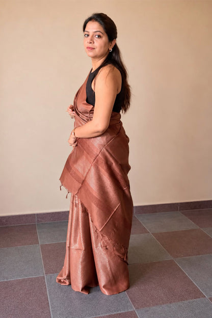 Chocolate Brown Banswada Silk Blend Saree with Elegant Woven Stripes - SS042