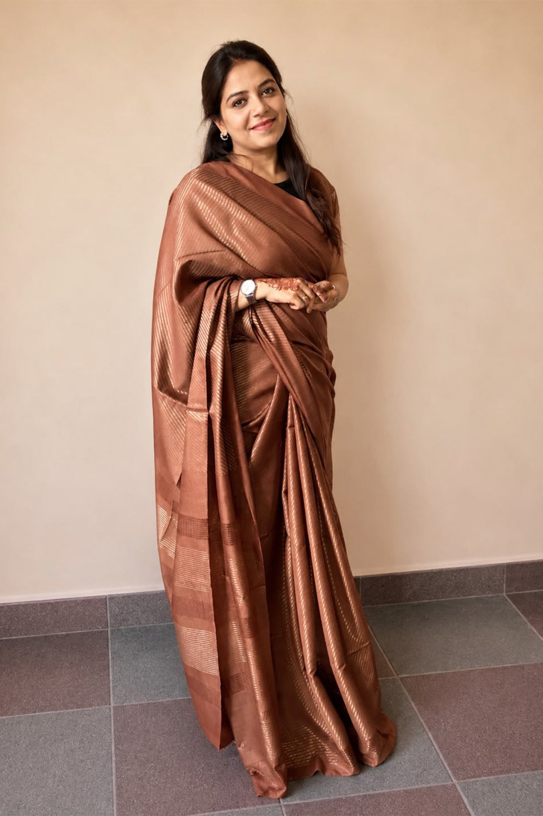 Chocolate Brown Banswada Silk Blend Saree with Elegant Woven Stripes - SS042