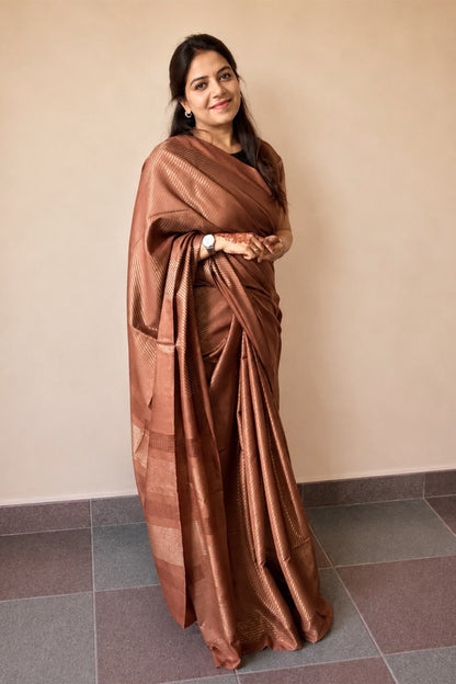 Chocolate Brown Banswada Silk Blend Saree with Elegant Woven Stripes - SS042