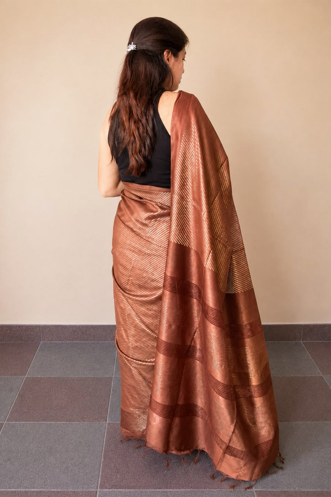 Chocolate Brown Banswada Silk Blend Saree with Elegant Woven Stripes - SS042
