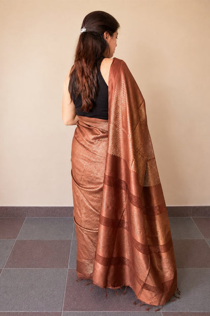 Chocolate Brown Banswada Silk Blend Saree with Elegant Woven Stripes - SS042