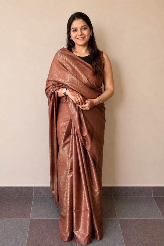 Chocolate Brown Banswada Silk Blend Saree with Elegant Woven Stripes - SS042