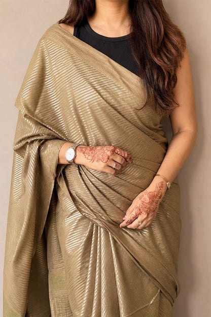 Mehendi Green Banswada Silk Blend Saree with Subtle Woven Stripes-SS044