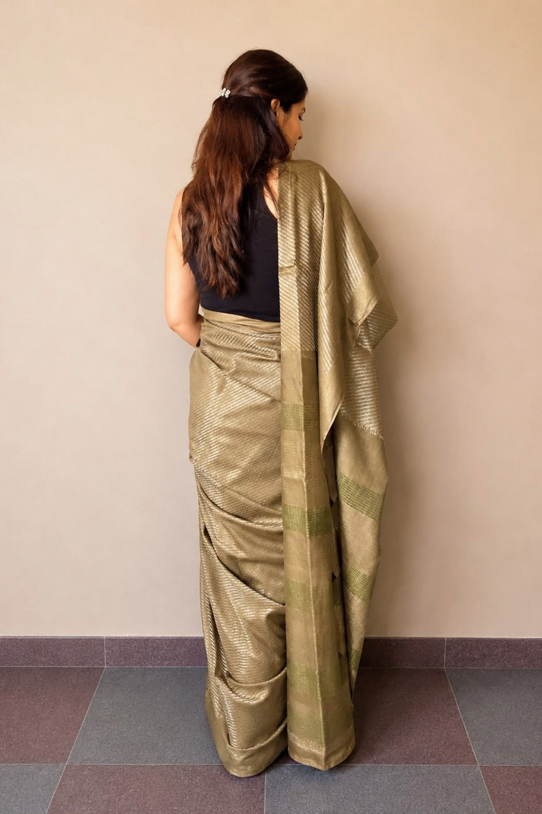 Mehendi Green Banswada Silk Blend Saree with Subtle Woven Stripes-SS044