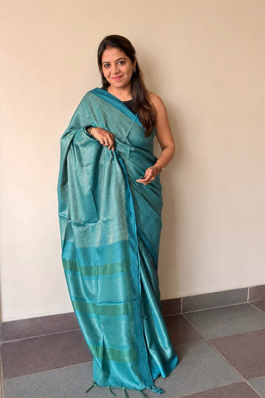Teal Blue Banswada Silk Blend Saree with Elegant Woven Stripes - SS043