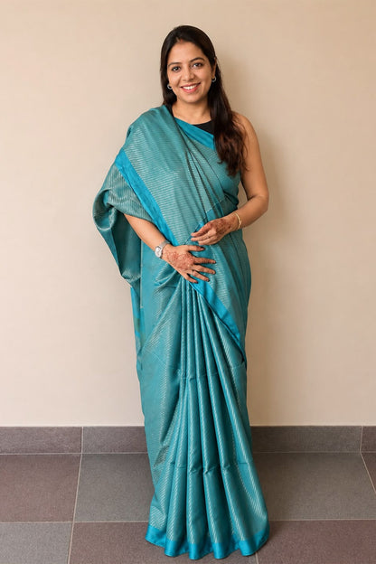Teal Blue Banswada Silk Blend Saree with Elegant Woven Stripes - SS043